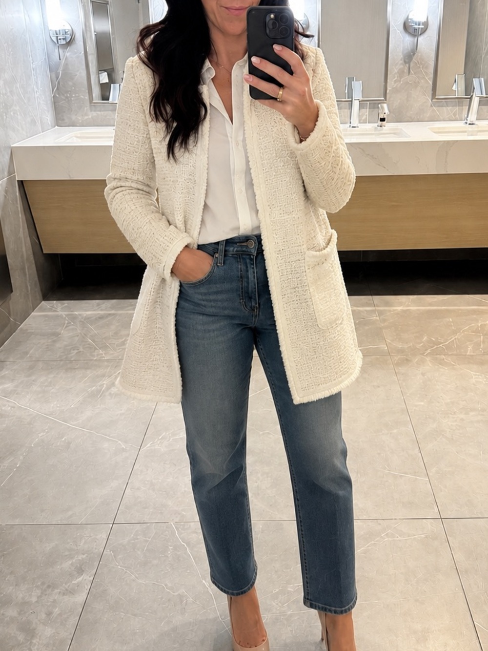 Max Studio Cream Bouclé Long Open-Front Jacket